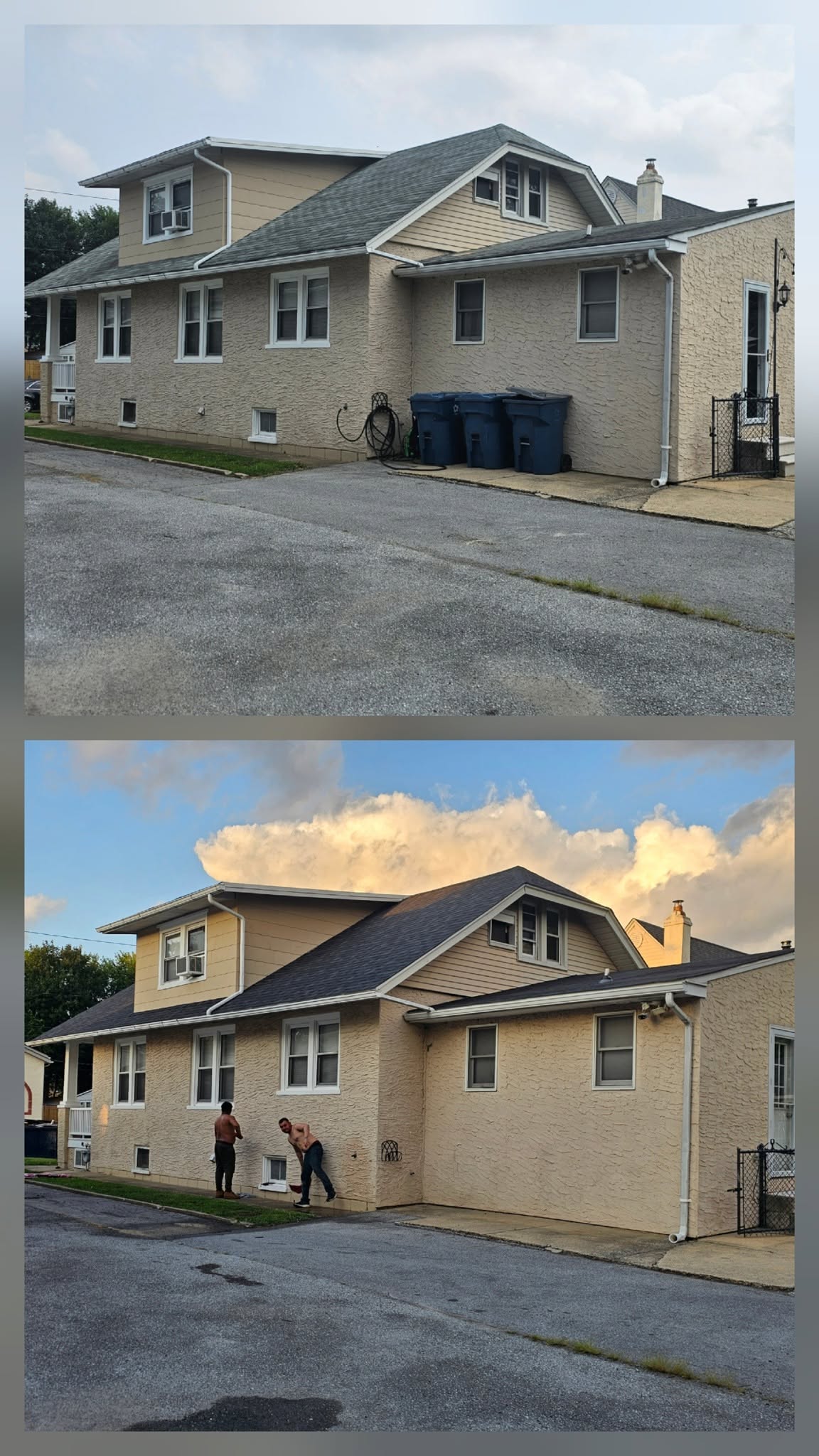 Before and after roof edge detail near a gable
