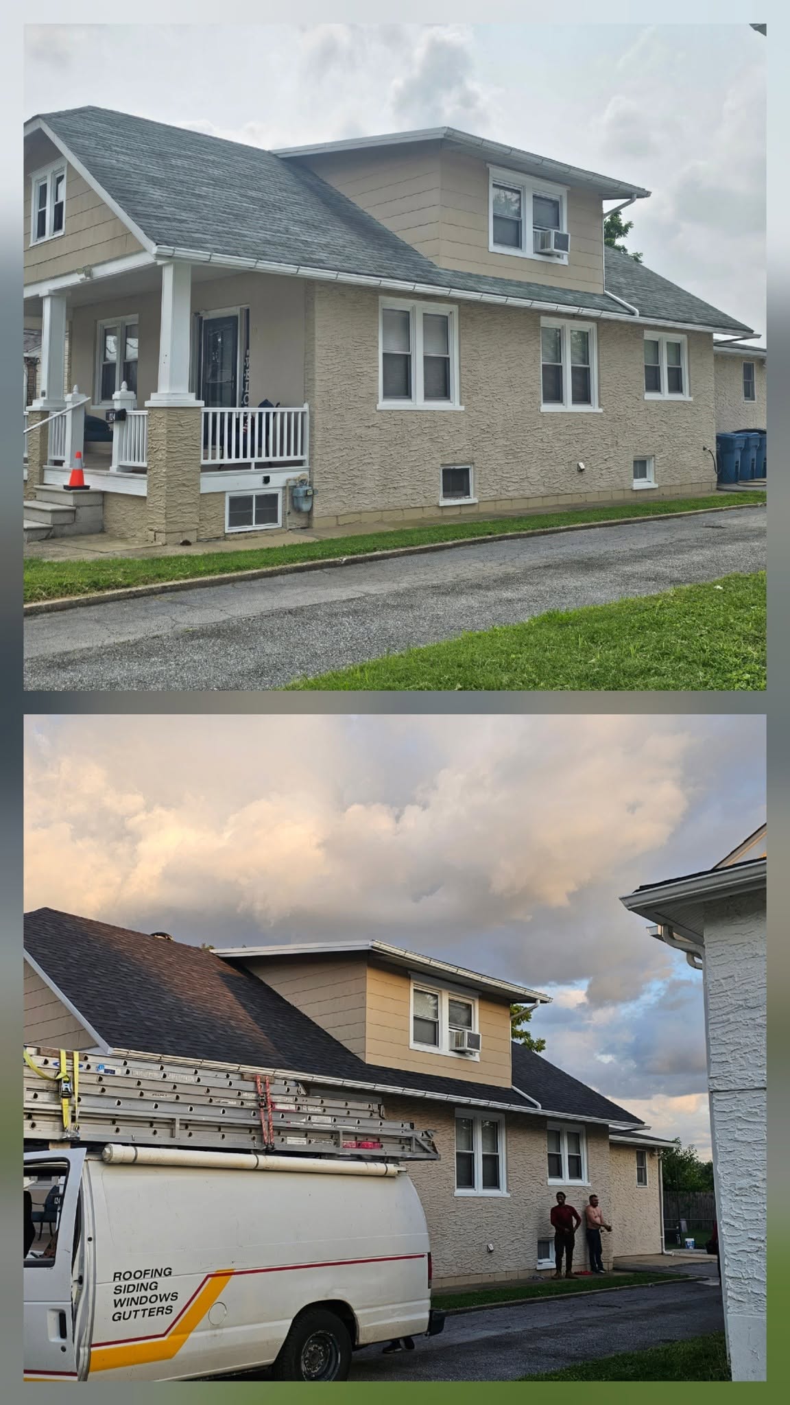 Before and after home exterior showing the roofing improvement